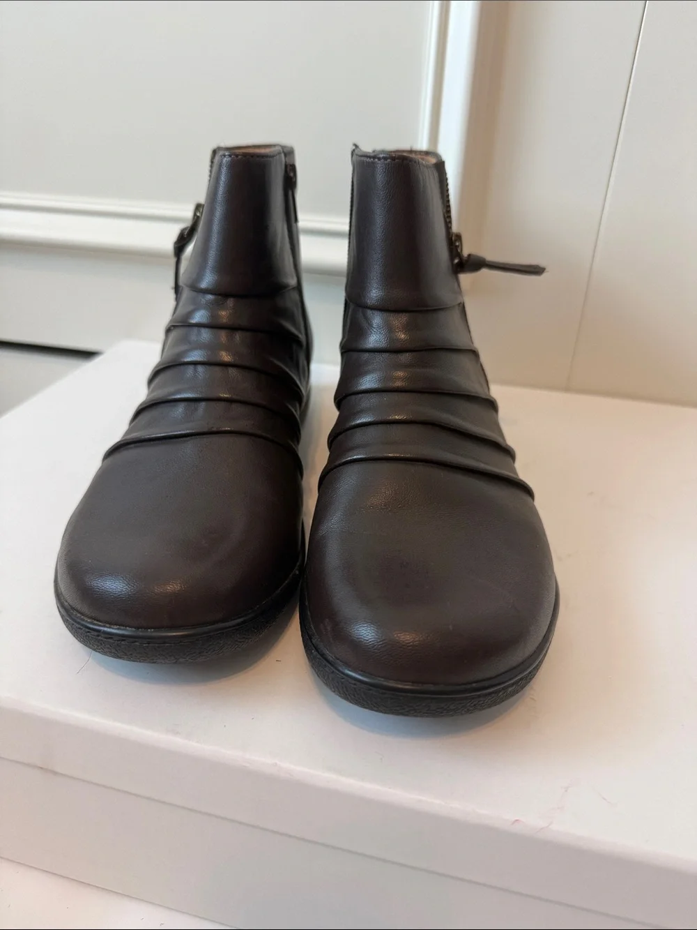 Clarks Emily Braley Chocolate Brown Leather Ankle Booties with Side Zip